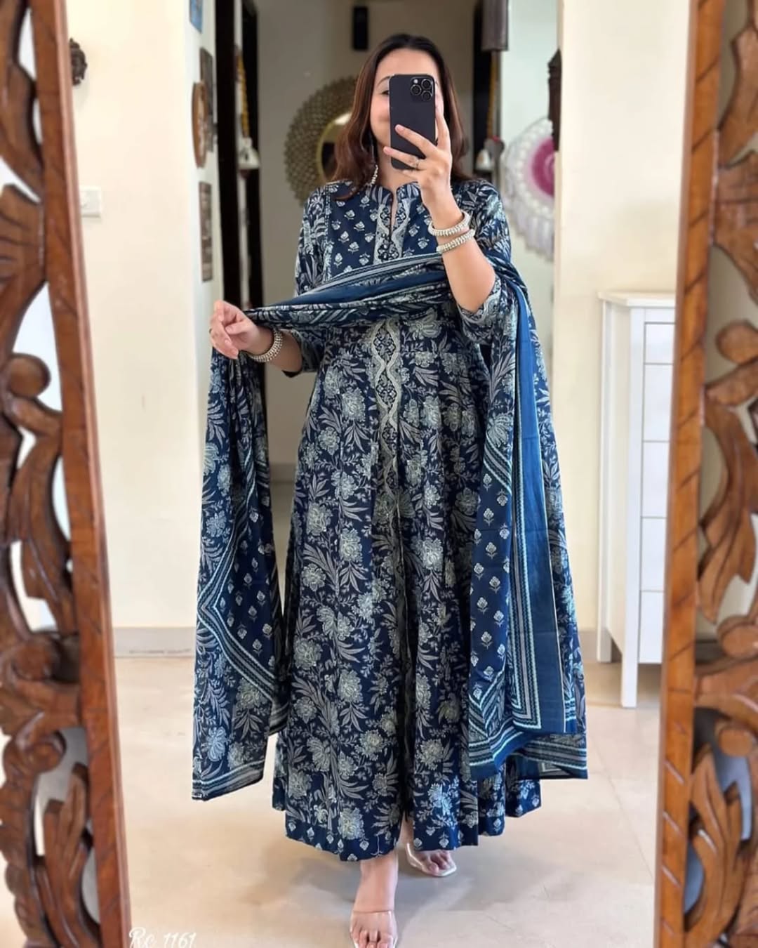 Mirror Work Anarkali Suit Set in Pure Cotton with Dual Pockets