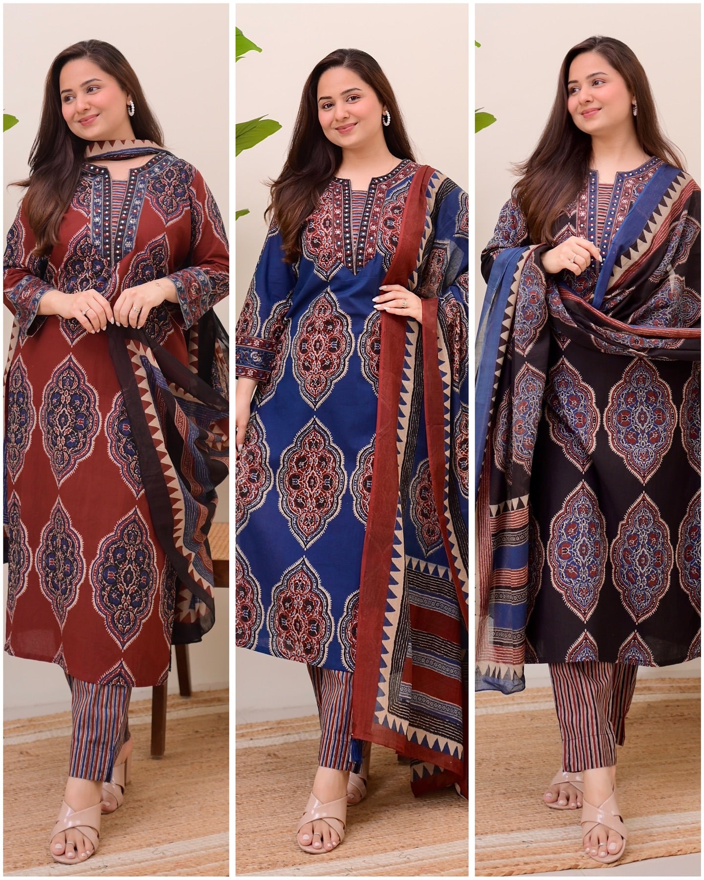 Heavy Cotton Kurti Set with Sequin Neck Work and Cotton Dupatta