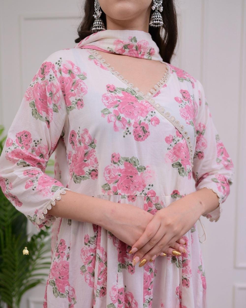 Cotton Angrakha Kurti Pant Set with Kota Doria Dupatta