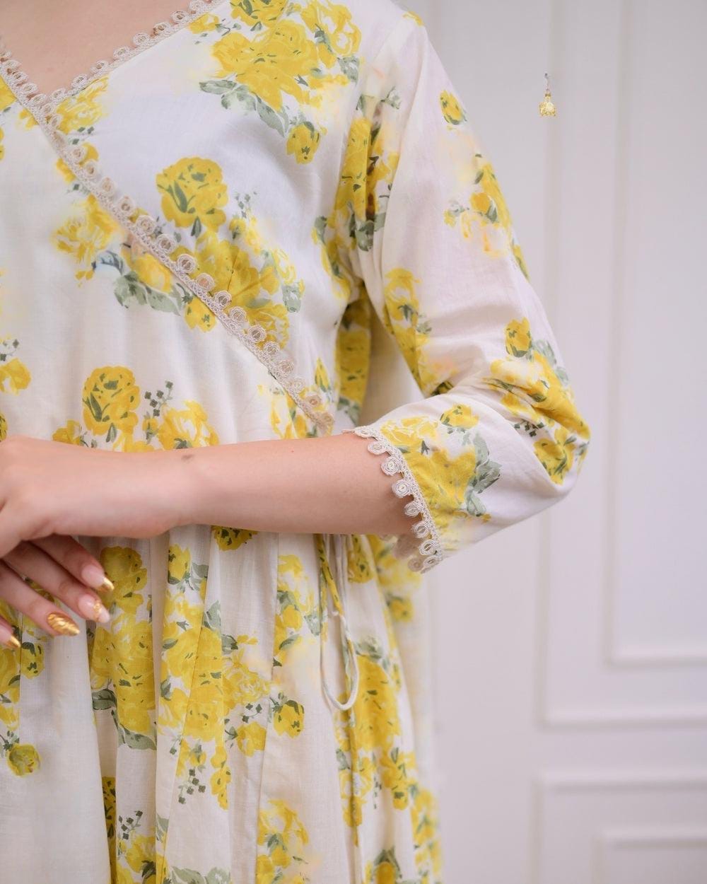 Cotton Angrakha Kurti Pant Set with Kota Doria Dupatta