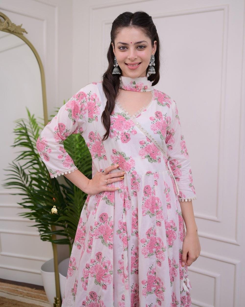 Cotton Angrakha Kurti Pant Set with Kota Doria Dupatta