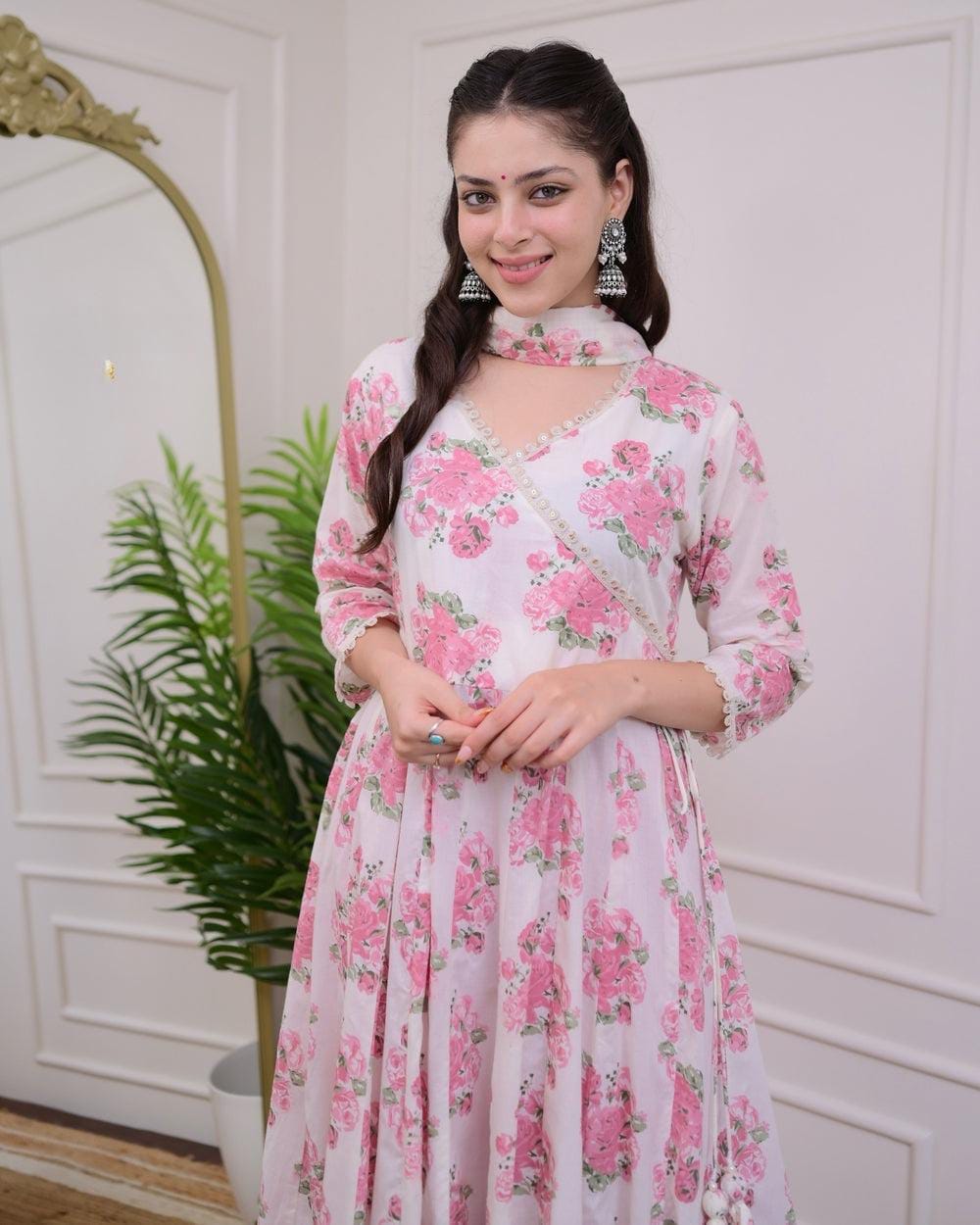 Cotton Angrakha Kurti Pant Set with Kota Doria Dupatta