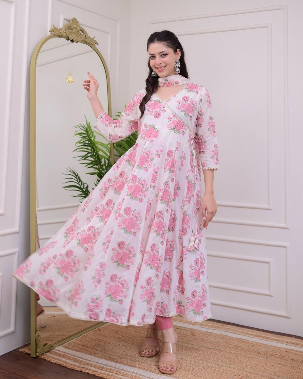 Cotton Angrakha Kurti Pant Set with Kota Doria Dupatta