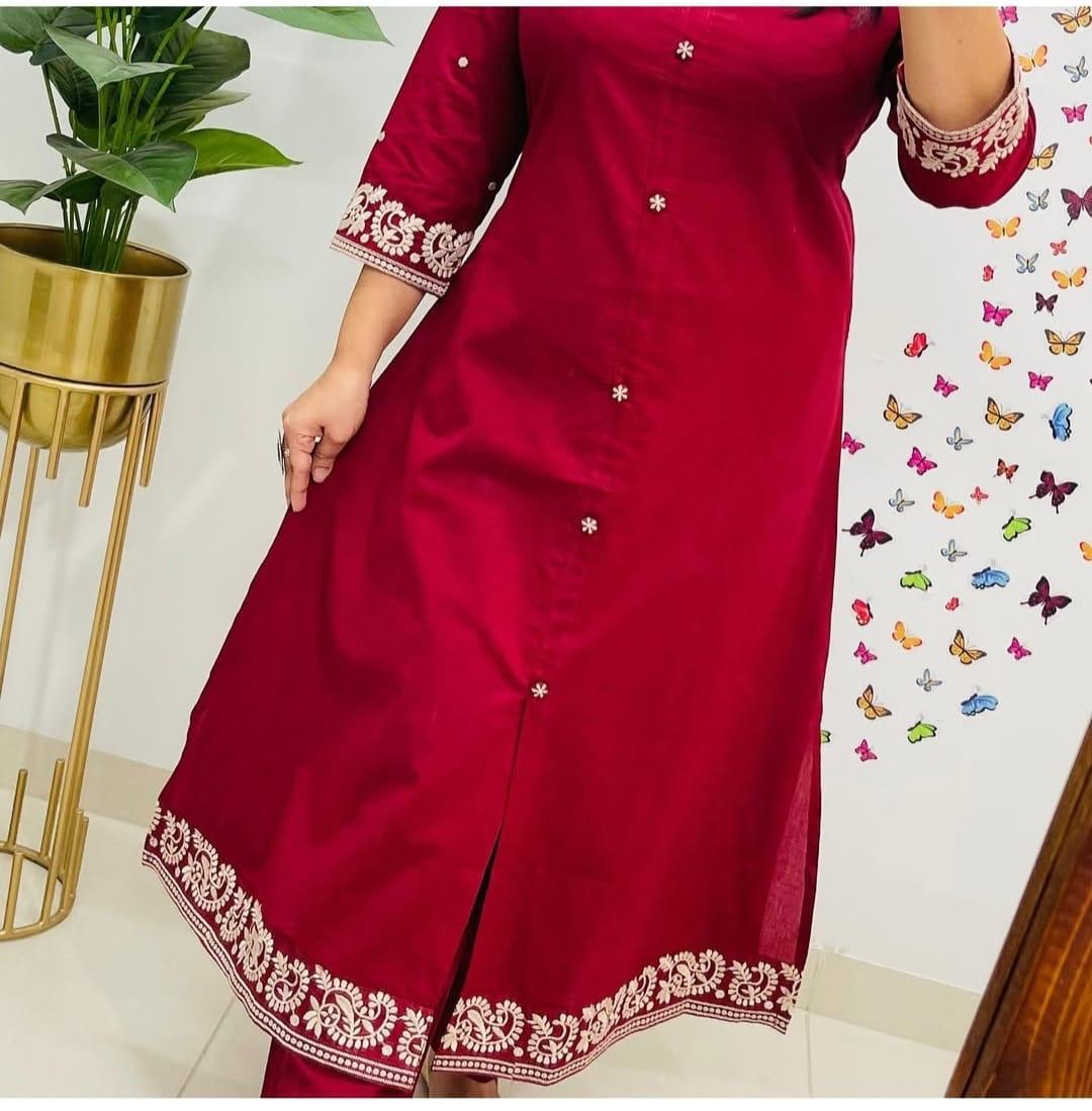 Embroidered A-Line Cotton Co-ord Set with Ankle-Length Pant