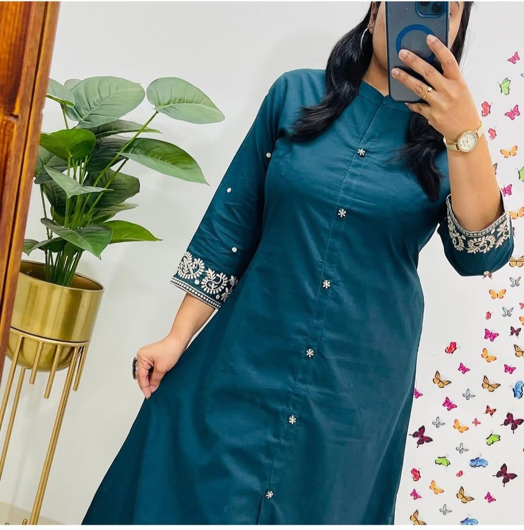 Embroidered A-Line Cotton Co-ord Set with Ankle-Length Pant