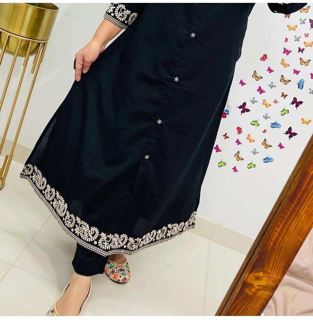 Embroidered A-Line Cotton Co-ord Set with Ankle-Length Pant