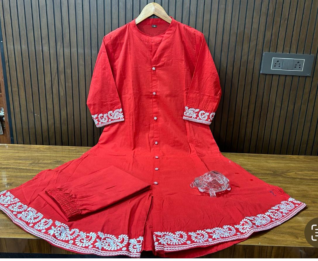 Embroidered A-Line Cotton Co-ord Set with Ankle-Length Pant