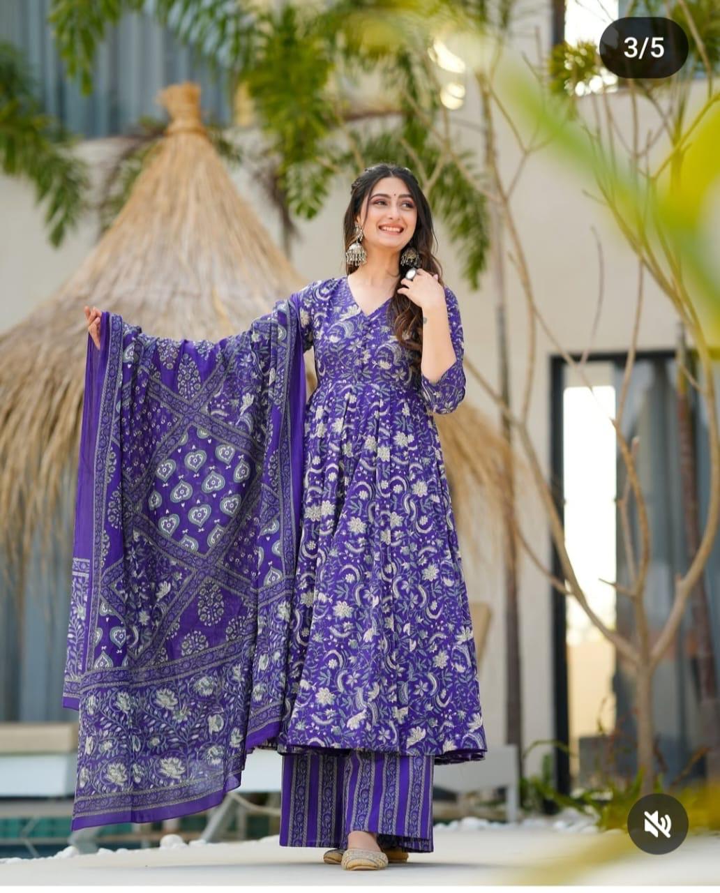 Angrakha Style Anarkali Kurta Set with Embroidery and Cotton Dupatta