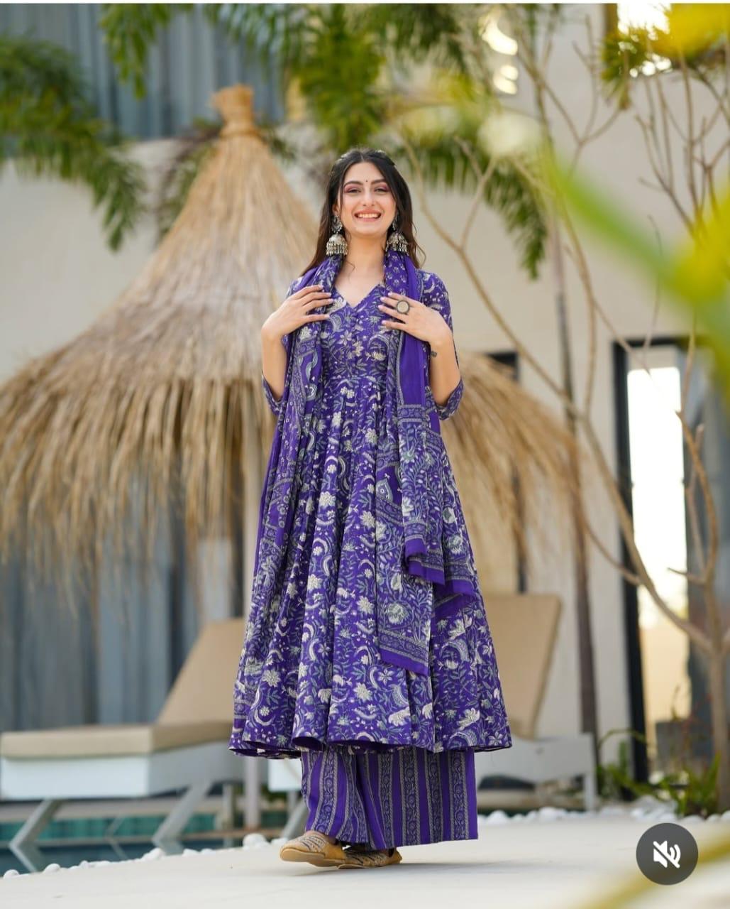 Angrakha Style Anarkali Kurta Set with Embroidery and Cotton Dupatta