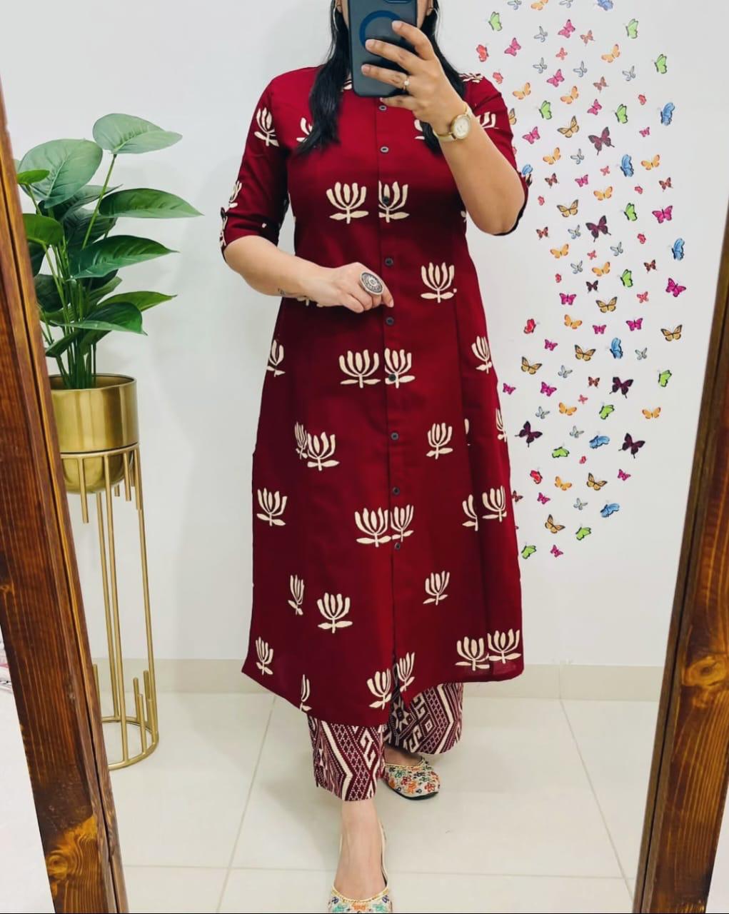 Discharge Print A-Line Co-ord Set in Premium Cotton with Side Pocket