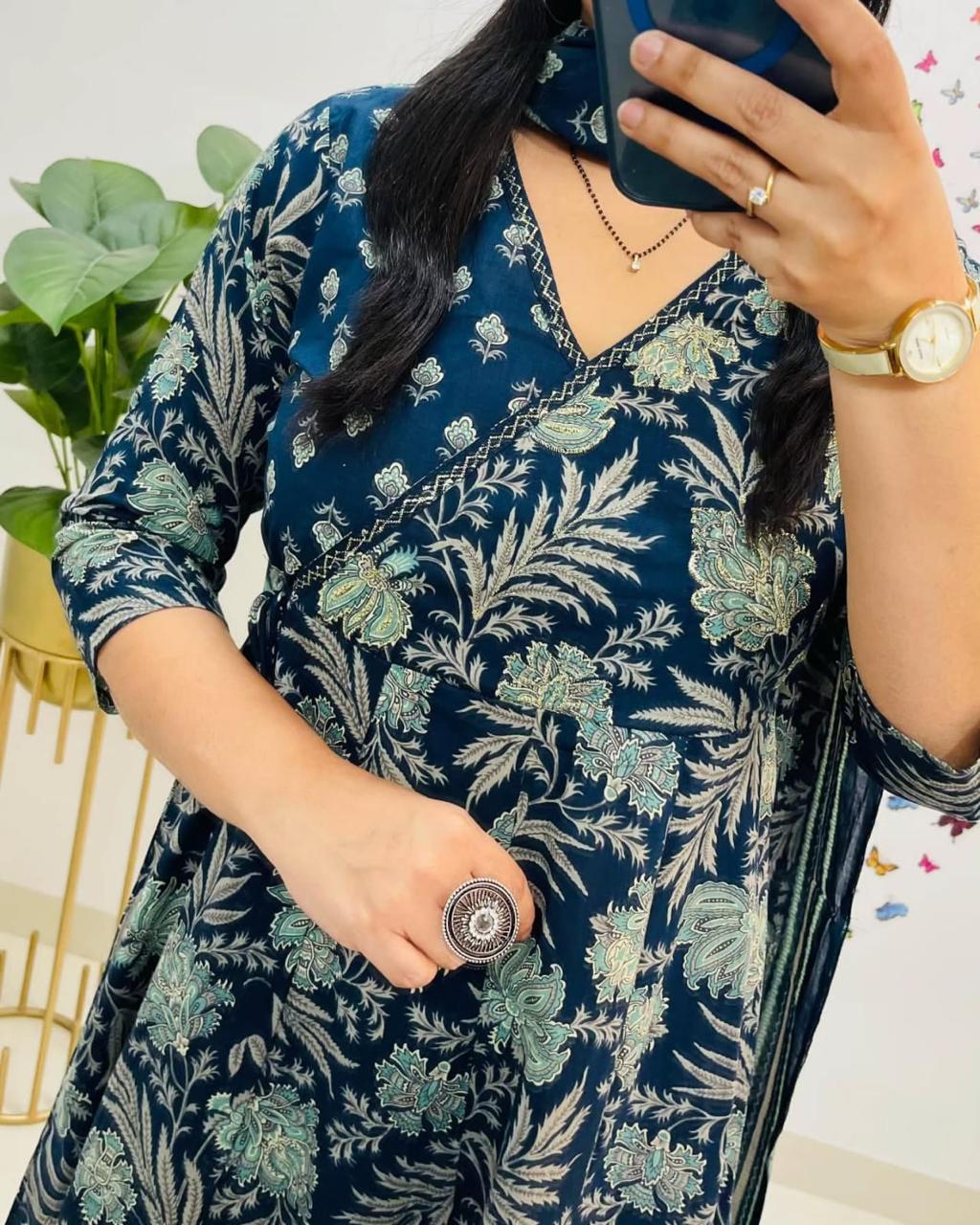 Angrakha Style Anarkali Kurta Set with Embroidery and Cotton Dupatta