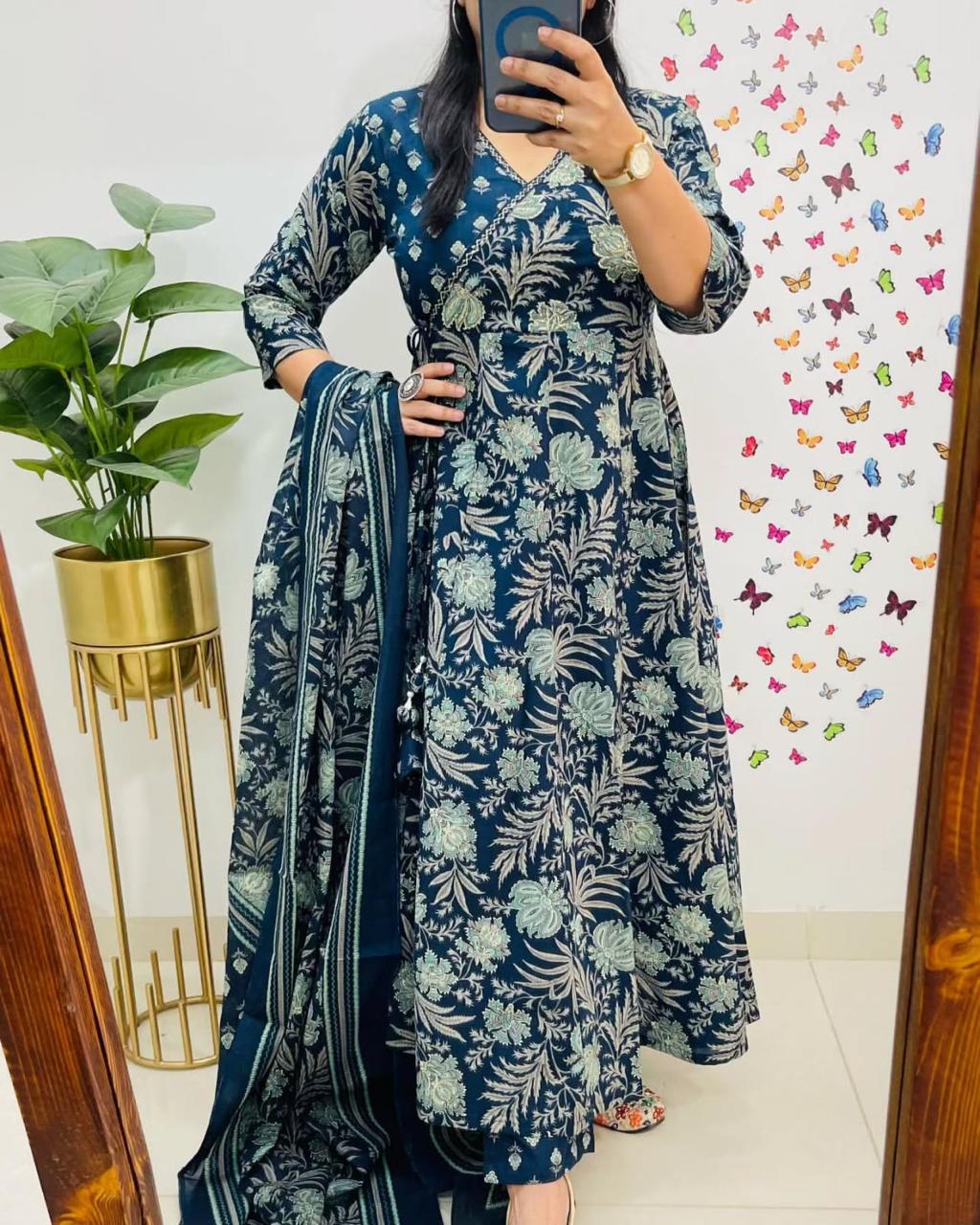 Angrakha Style Anarkali Kurta Set with Embroidery and Cotton Dupatta