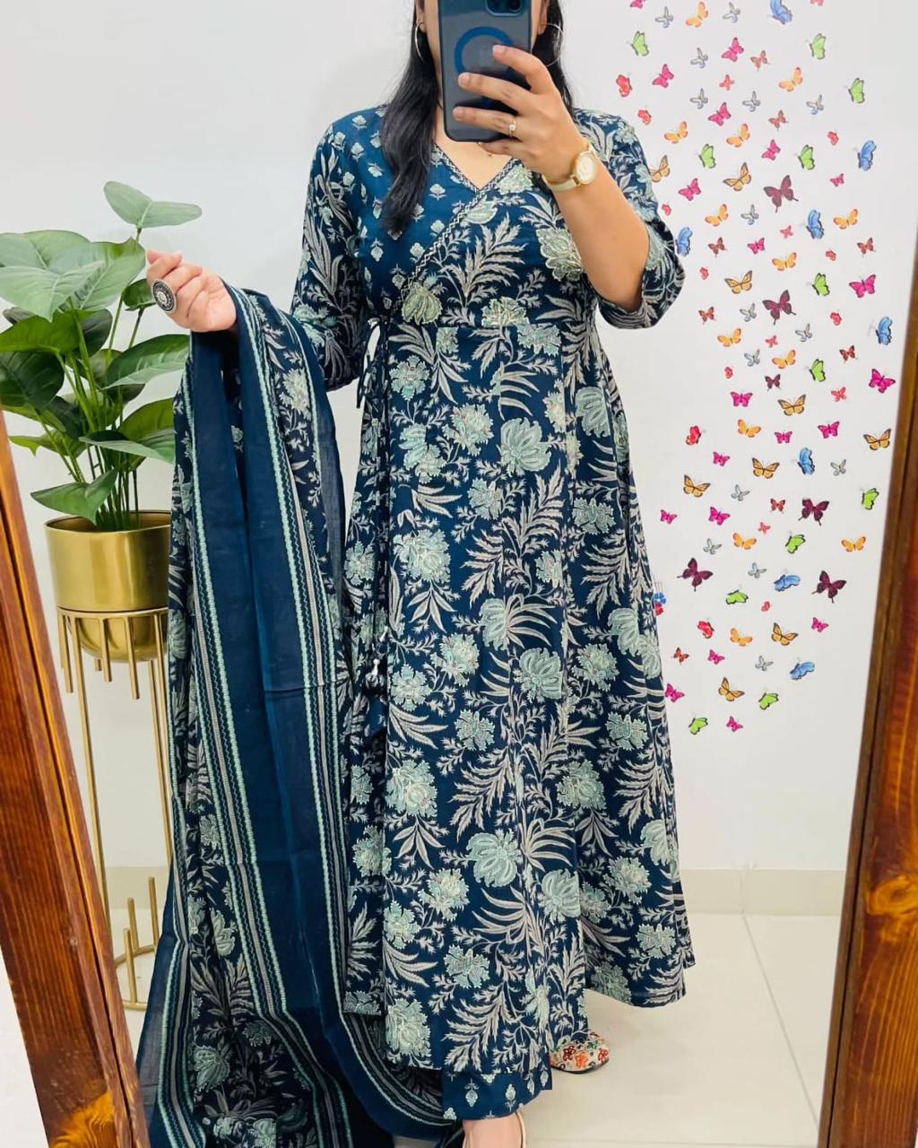 Angrakha Style Anarkali Kurta Set with Embroidery and Cotton Dupatta