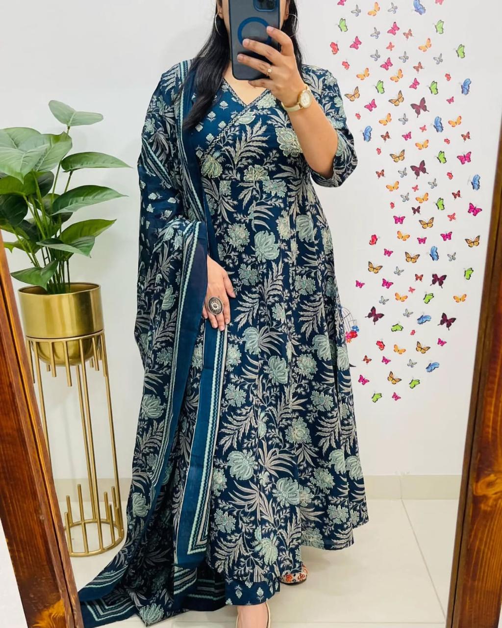 Angrakha Style Anarkali Kurta Set with Embroidery and Cotton Dupatta