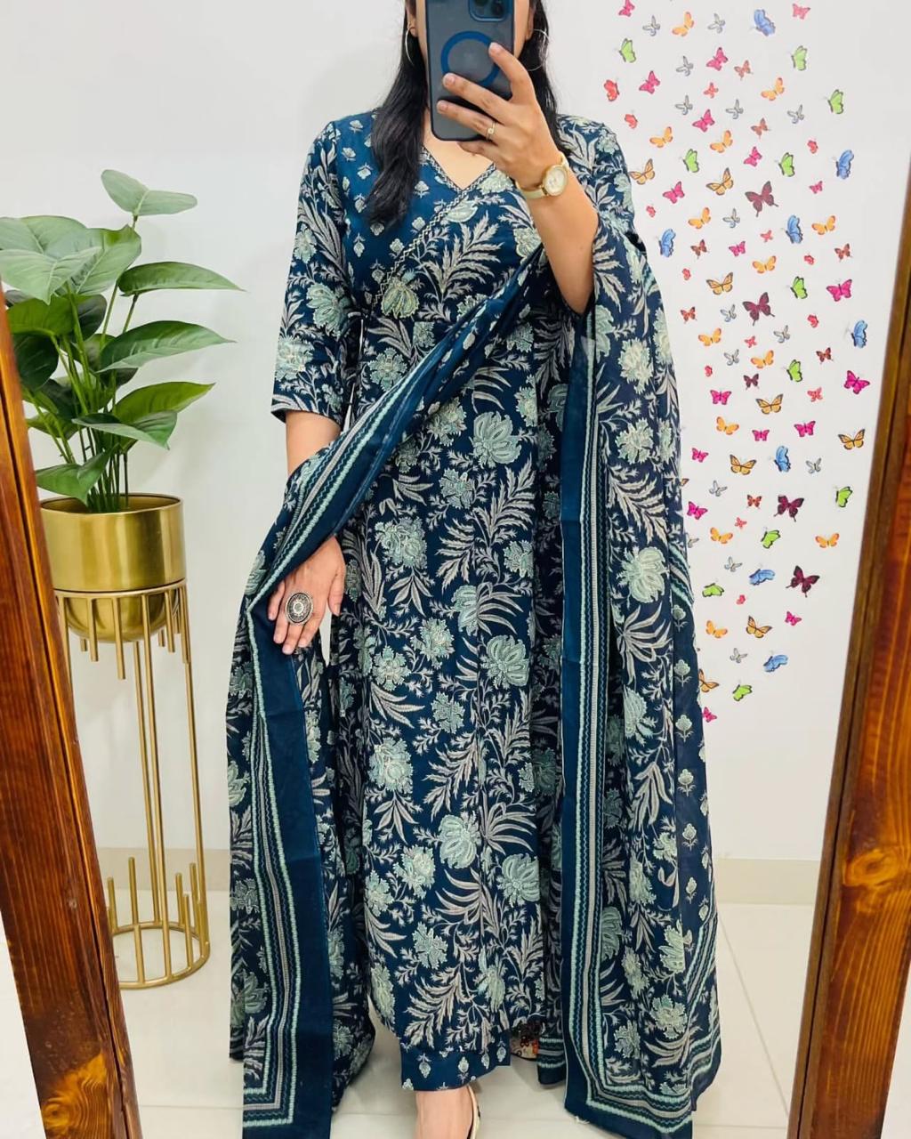 Angrakha Style Anarkali Kurta Set with Embroidery and Cotton Dupatta