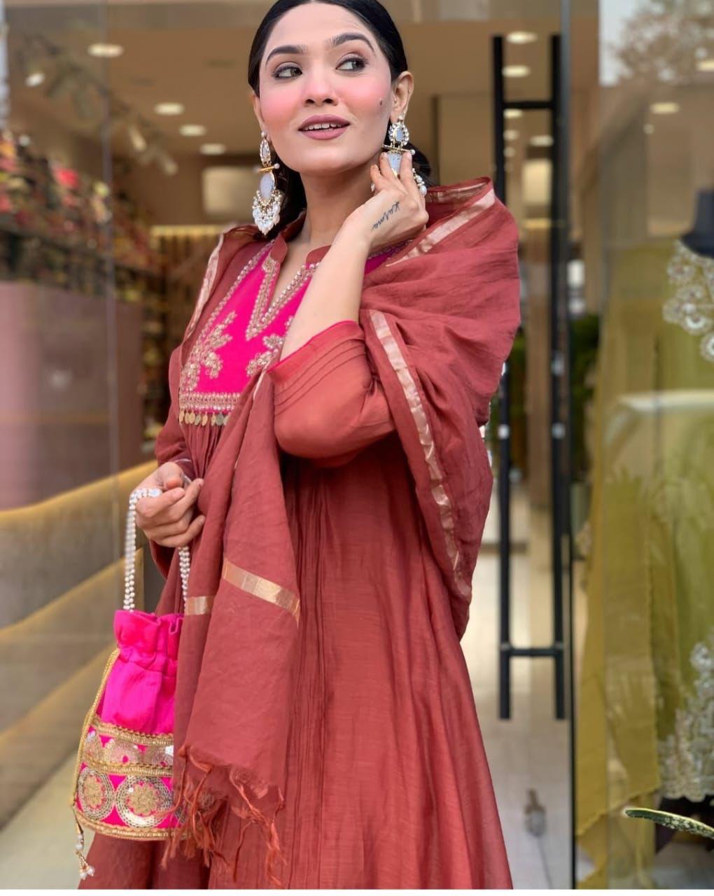 Elegant Chanderi Suit Set with Embroidered Kurti, Cotton Pant & Dupatta