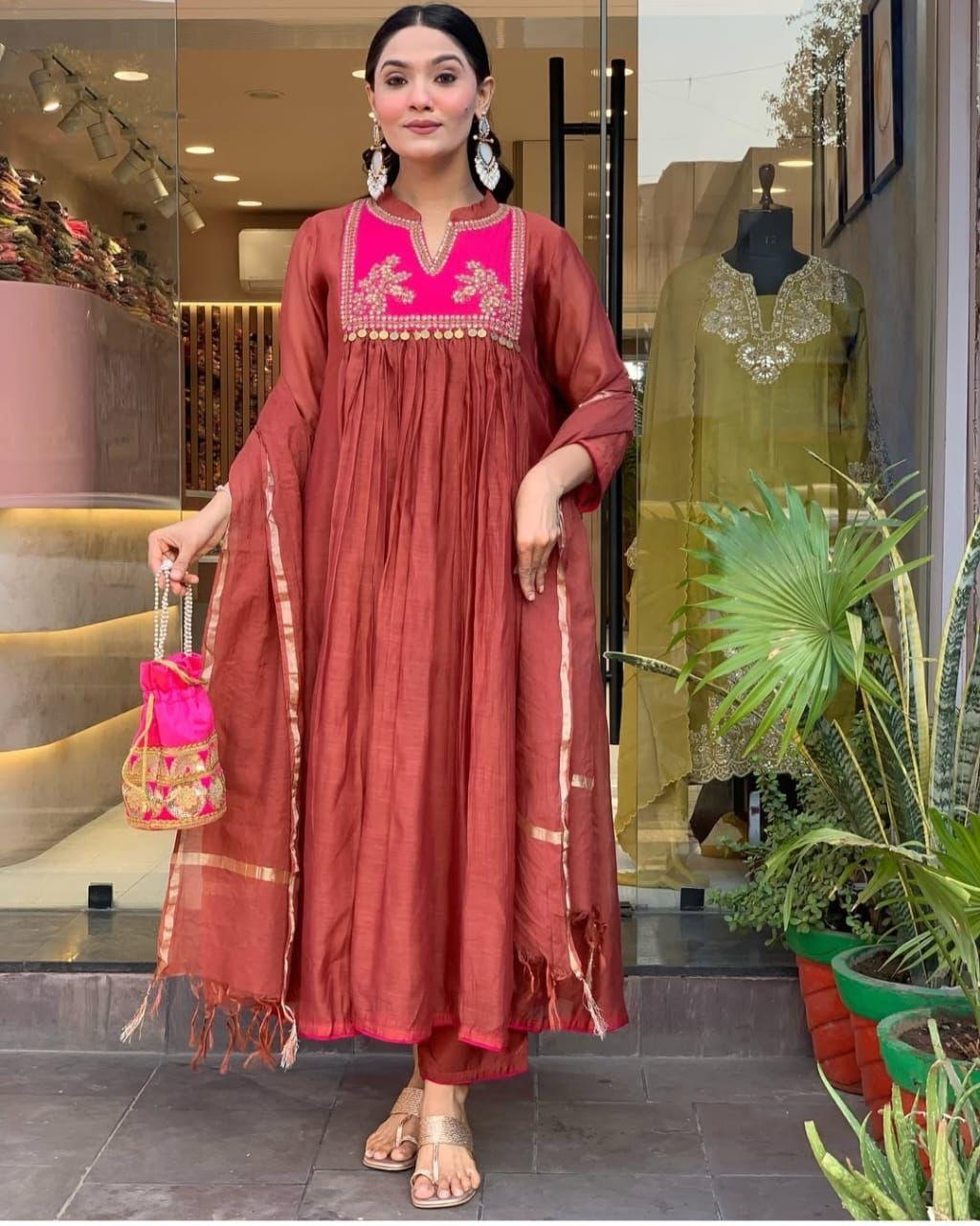 Elegant Chanderi Suit Set with Embroidered Kurti, Cotton Pant & Dupatta