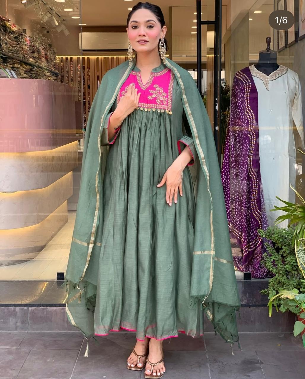 Elegant Chanderi Suit Set with Embroidered Kurti, Cotton Pant & Dupatta