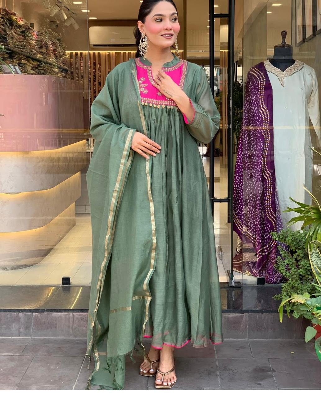 Elegant Chanderi Suit Set with Embroidered Kurti, Cotton Pant & Dupatta