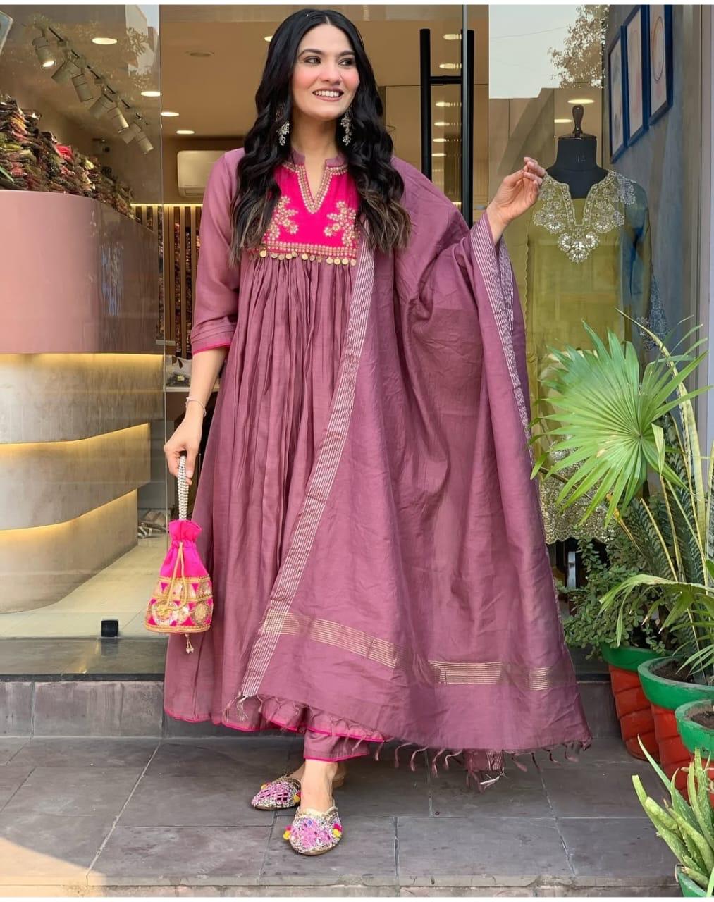 Elegant Chanderi Suit Set with Embroidered Kurti, Cotton Pant & Dupatta