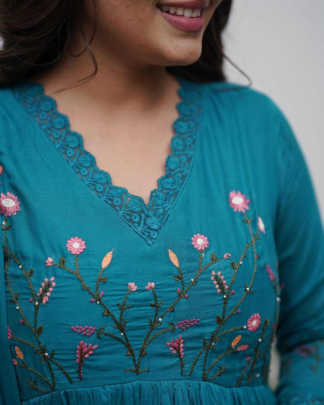 Embroidered Mirror Work Anarkali Kurti Set with Pants Pure Mal Cotton 3-Piece Set