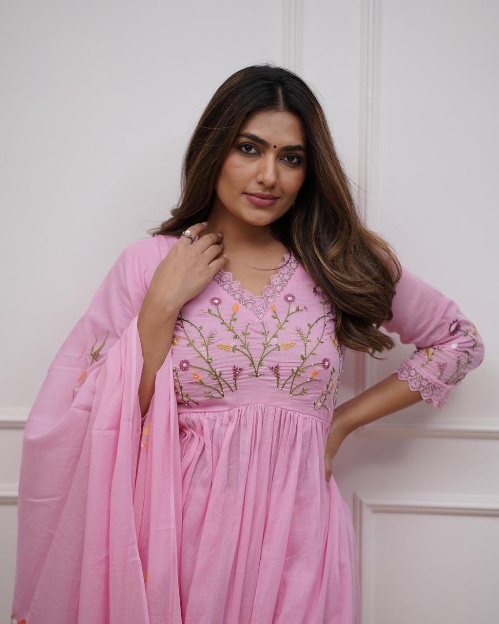 Embroidered Mirror Work Anarkali Kurti Set with Pants Pure Mal Cotton 3-Piece Set