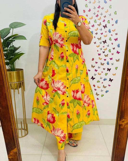 Floral Cotton Kurti Palazzo Co-ord Set – Ethnic Wear for Women