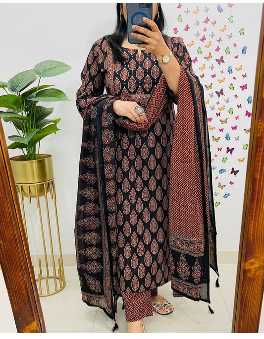 Hand Embroidered Cotton Co-ord Suit Set with Dupatta and Side Detailing