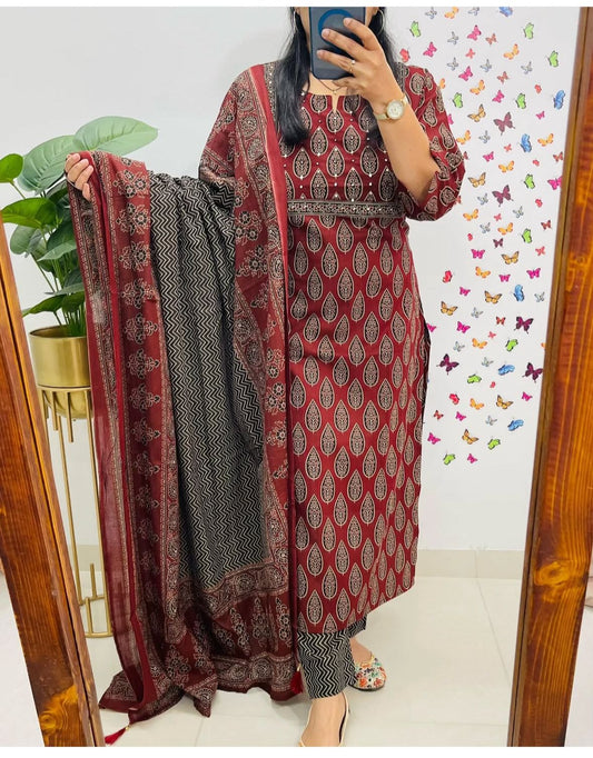 Hand Embroidered Cotton Co-ord Suit Set with Dupatta and Side Detailing