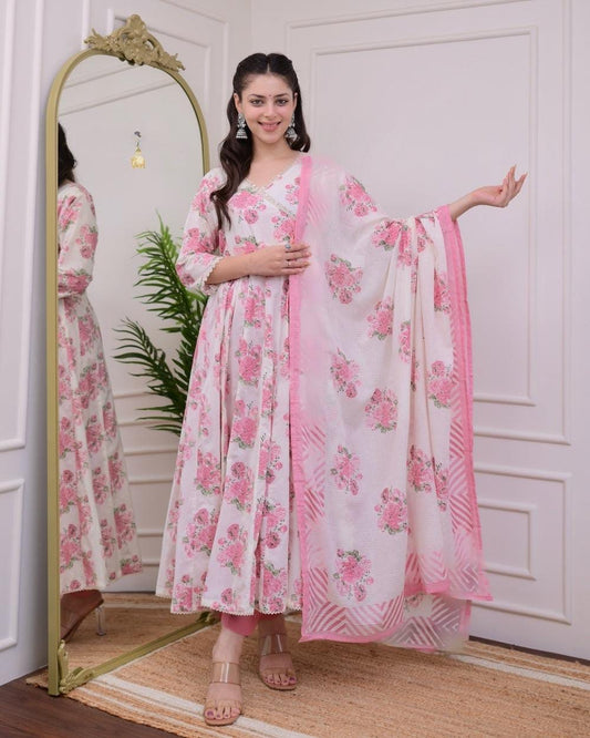 Cotton Angrakha Kurti Pant Set with Kota Doria Dupatta