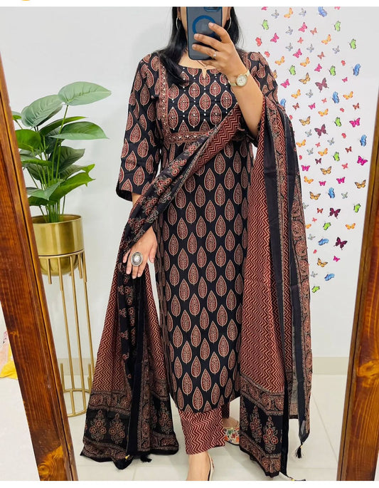 Hand Embroidered Cotton Co-ord Suit Set with Dupatta and Side Detailing