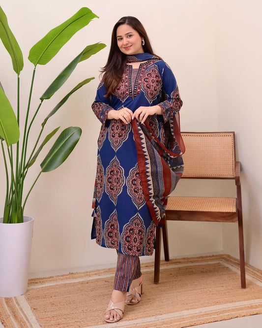 Heavy Cotton Kurti Set with Sequin Neck Work and Cotton Dupatta