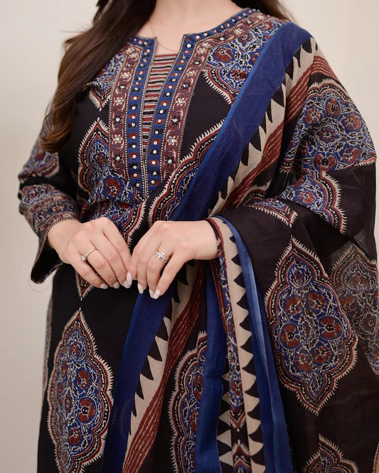 Heavy Cotton Kurti Set with Sequin Neck Work and Cotton Dupatta