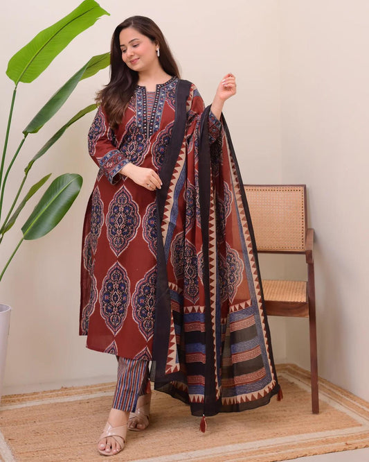 Heavy Cotton Kurti Set with Sequin Neck Work and Cotton Dupatta