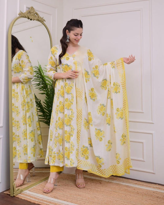 Cotton Angrakha Kurti Pant Set with Kota Doria Dupatta
