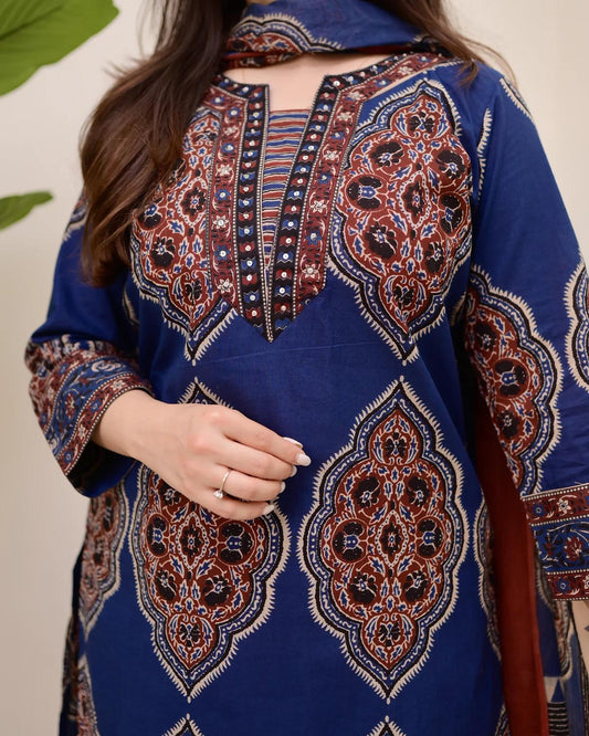 Heavy Cotton Kurti Set with Sequin Neck Work and Cotton Dupatta