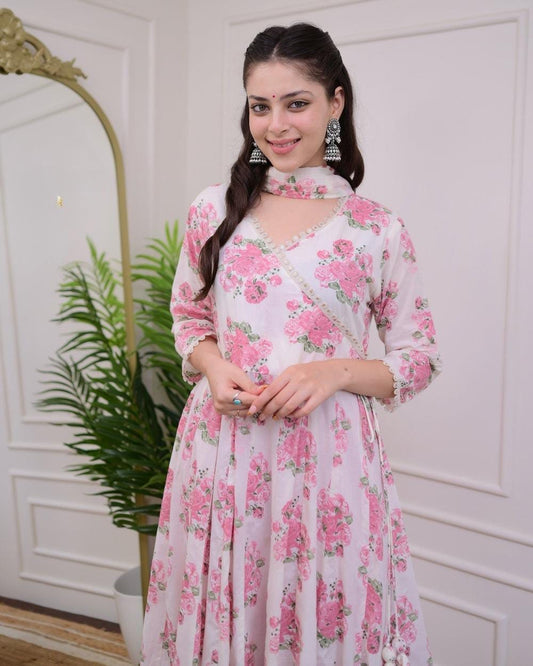 Cotton Angrakha Kurti Pant Set with Kota Doria Dupatta