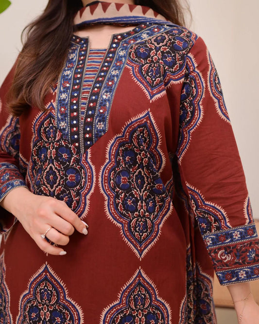 Heavy Cotton Kurti Set with Sequin Neck Work and Cotton Dupatta