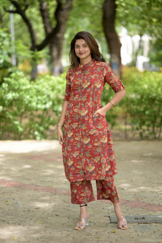 Floral Cotton A-Line Kurti & Palazzo Co-ord Set – Effortless Summer Style