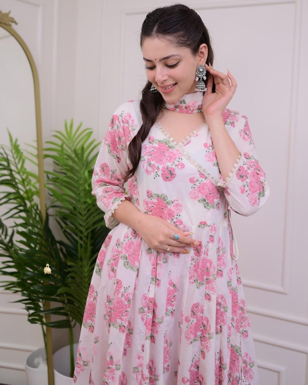 Cotton Angrakha Kurti Pant Set with Kota Doria Dupatta