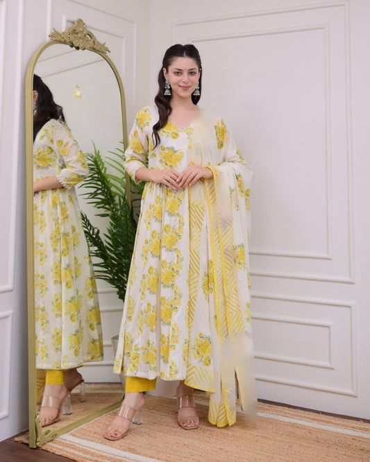 Cotton Angrakha Kurti Pant Set with Kota Doria Dupatta