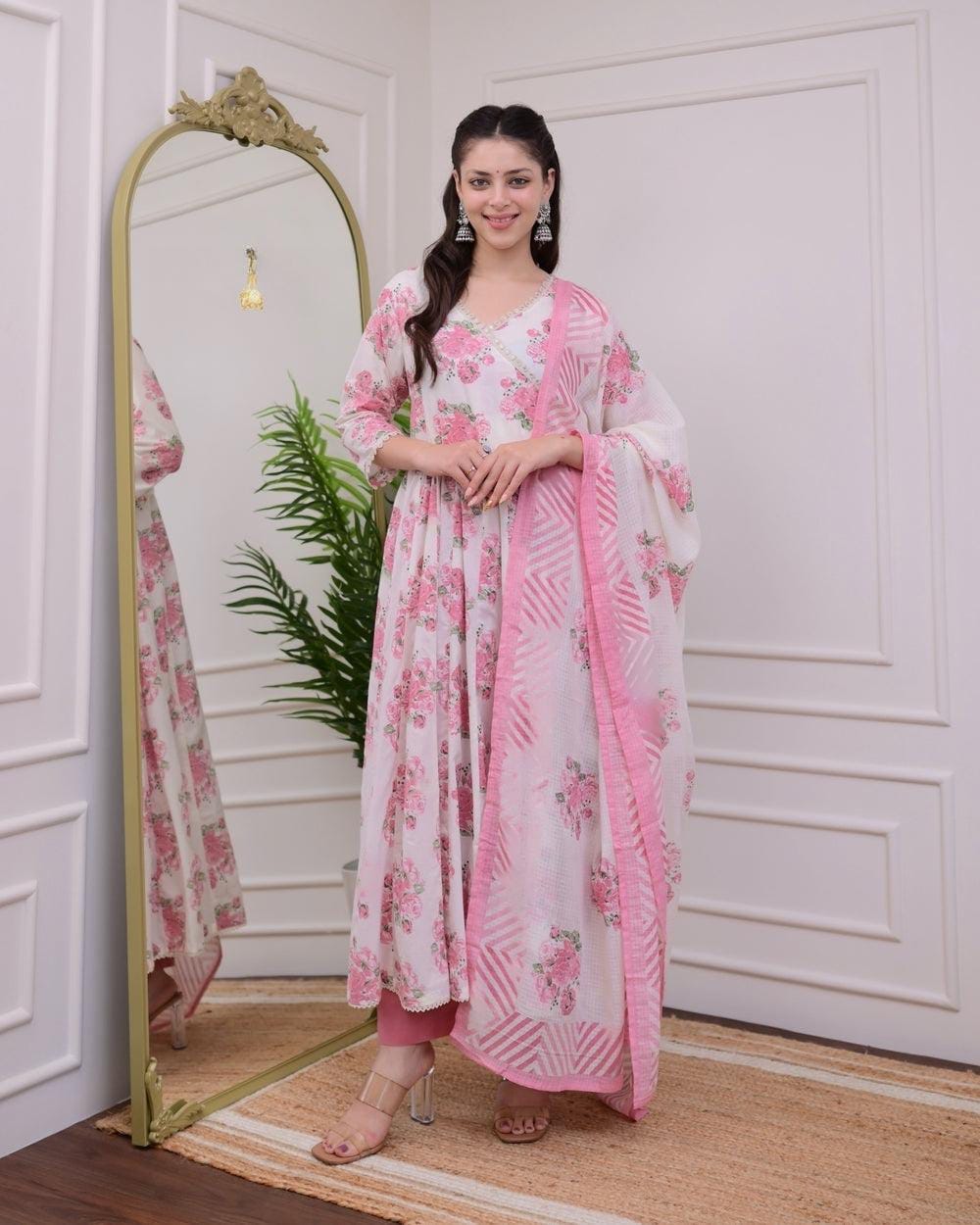 Cotton Angrakha Kurti Pant Set with Kota Doria Dupatta