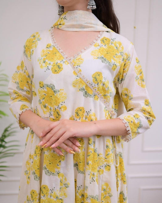 Cotton Angrakha Kurti Pant Set with Kota Doria Dupatta