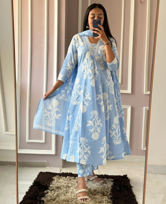 Women's Summer Cotton Suit Set with Embroidery & Printed Dupatta