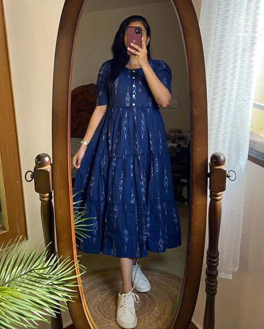 Ikkat Print Cotton Full Flare Middy Dress – Pure Cotton, Multiple Colors