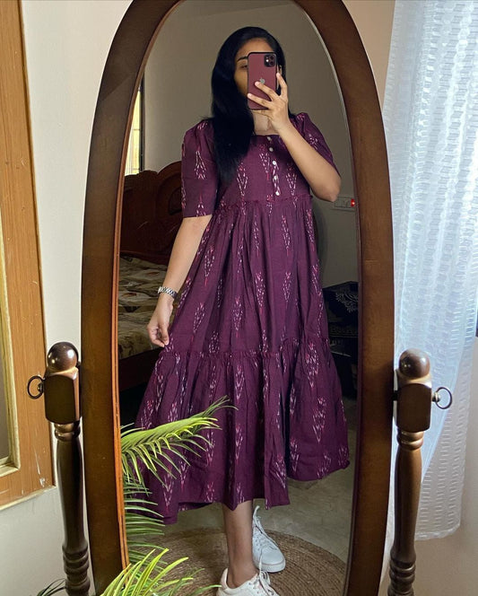 Ikkat Print Cotton Full Flare Middy Dress – Pure Cotton, Multiple Colors