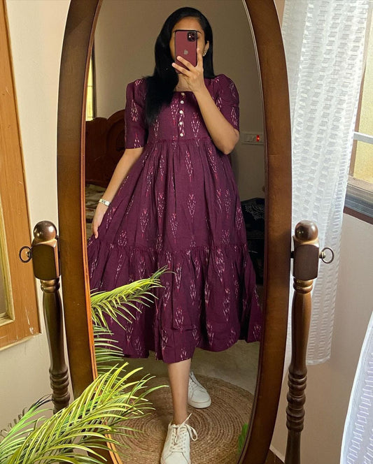 Ikkat Print Cotton Full Flare Middy Dress – Pure Cotton, Multiple Colors