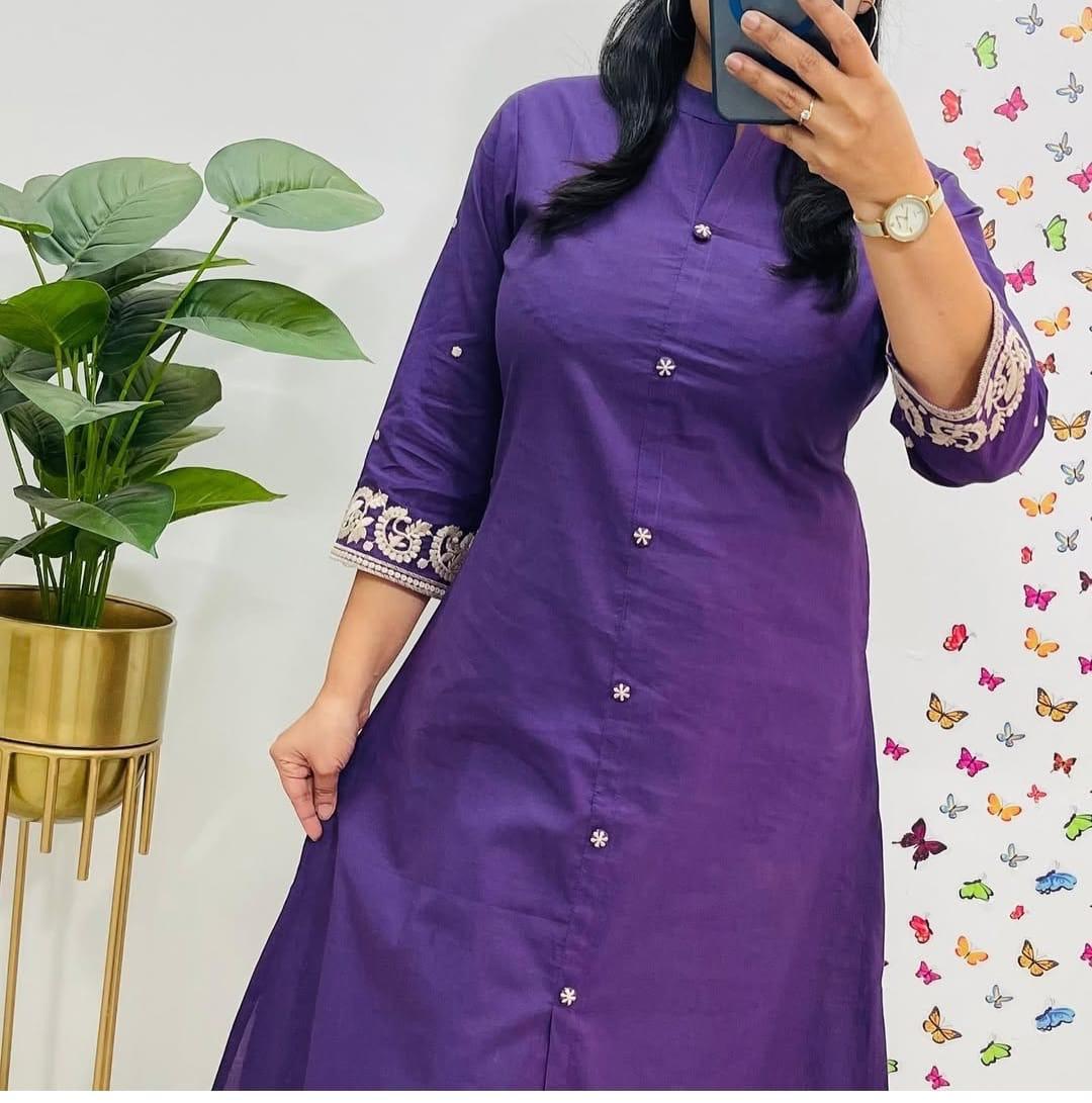 Embroidered A-Line Cotton Co-ord Set with Ankle-Length Pant