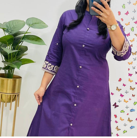 Embroidered A-Line Cotton Co-ord Set with Ankle-Length Pant