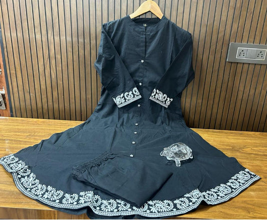 Embroidered A-Line Cotton Co-ord Set with Ankle-Length Pant